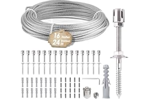 WISBECOST Support pour Plantes Grimpantes, 24m Corde en Acier Inoxydable à Suspendre Kit avec 3mm Cable INOX et 16 Tendeurs, pour Jardin/Mur Béton/Clôture Câble/Bois Massif(16 Tendeurs 24m Corde)