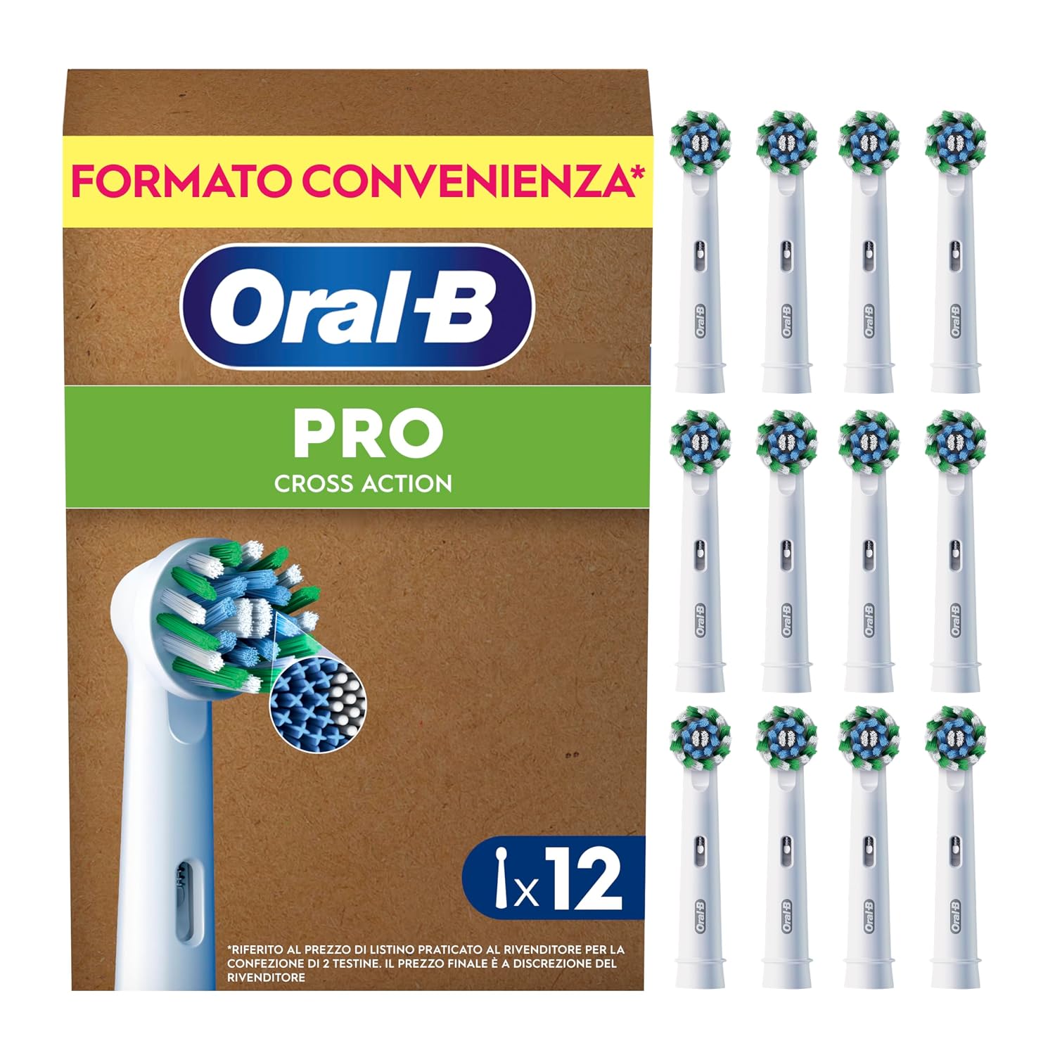 Oral-B Testine di Ricambio Pro, Cross Action, Bianche, 12 Ricambi | 12 Testine di Ricambio per Spazzolino Elettrico, Autentiche, Setole Angolate che si Adattano a ogni Dente