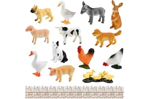LANSKYLAN 13 PCS Figuras de Animales de Granja, Mini Figuras de Animales, Mini Juguetes Animales Selva, Figuras de Juguete de Animales de Granja con 12 Vallas para Decoración Fiesta Navidad