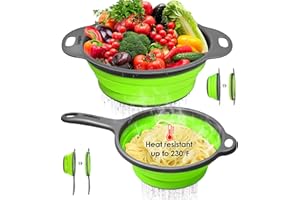 longzon Scolapasta in Silicone Pieghevole [Set da 2 Pezzi], Dimensioni del Diametro 8'' - 2 Quarti e 9,5" - 3 Quarti, Filtri a Rete da Cucina per Pasta, Verdura/frutta con Manici Estensibili - Verde