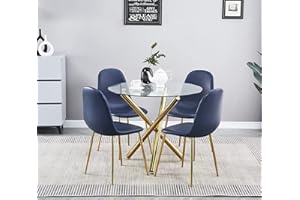 paonne Round Glass Dining Table and Chairs Set 4, Modern Glass Dining Table with Chairs Set, Round Glass Dining Table Set for 4 People