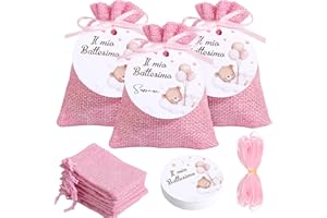BOFUNX 24pcs Sacchetti Iuta Battesimo Sacchetti Bomboniere Battesimo Sacchetti Portaconfetti Battesimo con Etichette Battesimo Rosa per Decorazione Battesimo Bambina Festa