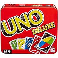 Mattel Games UNO Deluxe, Jeu de 108 cartes avec Boîte solide en Métal Colorée, Jeu de Société, Jeu Apéro, 2 à 10 joueurs -Ind