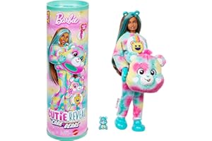 Barbie Cutie Reveal Care Bears Doll & Accessories, Series 2 Good Vibes Bear with 10 Surprises Including Color Change & Mini Bear, JFV62