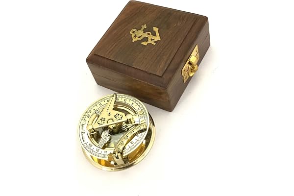 Nautical Replica Hub Solid Brass Sundial and Compass in Hardwood Box - Polished Brass Sundial Compass