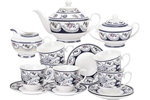 fanquare 15 Piezas Juegos de Té de Porcelana Vintage Azul, Juego de Café de Flores,Servicio de Té para Adultos