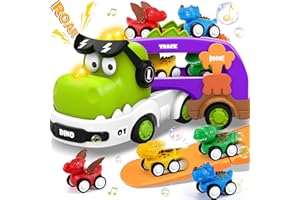 Pourbibi Kinder, Auto Spielzeug ab 2 Jahre Junge, Transport Truck Spielzeugautos für 2 3 4 Jahre Junge, Dinosaurier Kinder Spielzeug mit Licht und Musik, Geschenk Junge 3 Jahre