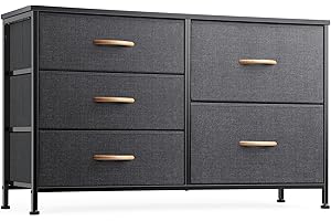 Nicehill Chest of Drawers with 5 Drawers, Storage Organizer, Wide Chest of Drawers for Closet, Clothes, Kids, Baby, TV Stand, Wood Board, Fabric Drawers(Black Grey)