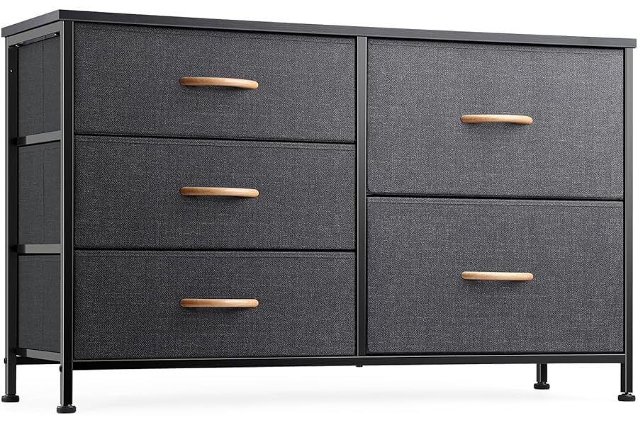 Nicehill Chest of Drawers with 5 Drawers, Storage Organizer, Wide Chest of Drawers for Closet, Clothes, Kids, Baby, TV Stand, Wood Board, Fabric Drawers(Black Grey)
