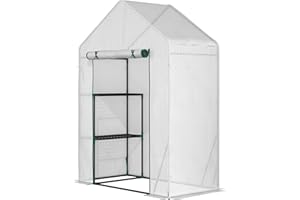 Outsunny Invernadero de Exterior Invernadero Pequeño con 2 Estantes Puerta Enrollable con Cremallera Marco de Acero y Cubierta de PE 140g/㎡ para Cultivos Plantas Flores 143x73x195 cm Blanco