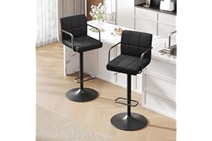 Ckaff Tabouret de Bar Lot de 2, Tabouret de Cuisine Pivotants 360°,Chaise de Bar Réglable en Hauteur en Velours avec et Repose-Pieds, Dossier, Accoudoirs pour Cuisine, Comptoir, Bar, Noir