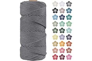 LEREATI Macrame Cord 4mm x 100m, Thick Macrame Rope Natural Cotton Rope Craft String, 4 Strand Twisted Cotton Cord Yarn for DIY Plant Hanger, Wall Hanging, Christmas Decoration (Gray)