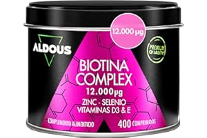 ALDOUS BIO Biotina + Zinc + Selenio - 400 comprimidos 12.000 mcg (Suministro para 1+ año) - Vitaminas para el cabello - Biotina para el cabello, fortalece la piel y las uñas - Con Vitamina D3 y E - Sin aditivos