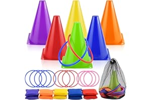 JOYSEEDI 26Pcs Outdoor Ring Toss Game Set, Garden Games Outdoor Equipment for Children, 3 In 1 Carnival Combo with Bean Plastic Cones and Ring Toss, for Children Adults Family Outdoor Indoor Activity