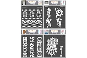 CrafTreat African Tribal Stencils for Crafts Reusable Vintage - Aztec Borders, Kokopelli, Folk Art Borders and Dream Big (4Pcs)- Size:6X6 Inches- Tribal Pattern Stencil for Furniture Painting