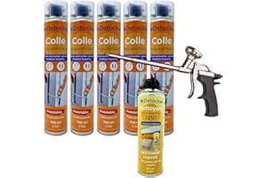 DSTOCK60 - Lot de 5 colles de montage polyuréthane + 1 pistolet + 1 nettoyant mousse - Mousse polyuréthane faiblement expansive pour le collage des panneaux isolants, rouleaux de bitume, huisseries
