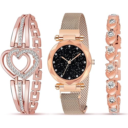 Acnos Brand - A Watch Analogue Plain Black Dial Magnet Watch With Gift Bracelet For Women Or Girls And Watch For Girl Or Women (Combo Of 3)