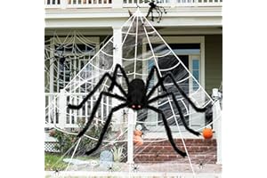 Timiyou Decoración Halloween Exterior, Halloween Telaraña Gigante y 1 Araña Gigante 59 Pulgadas con 20 Mini Arañas, Ganchos, Red Elástica y Estacas para el Suelo para Fiesta en el Jardín de Halloween