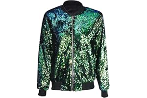 Nathnic® Women’s Ladies Sequin Glitter Bomber Jackets Outerwear Long Sleeves Metallic Shinny Club Dance Party Costume Biker Blazer Tops Plus Size S-XL