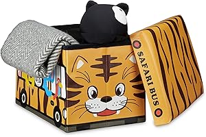 Relaxdays Almacenaje de Juguetes Autobús Safari, Piel sintética, Amarillo, 32x48x32 cm