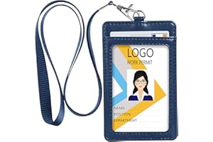 Teskyer Card Holder with Lanyard, ID Badge Holder with Clear Window and Holds 2 Cards, PU Leather Vertical Badge Holder for ID Cards, Offices, Schools, Bus Passes, Blue
