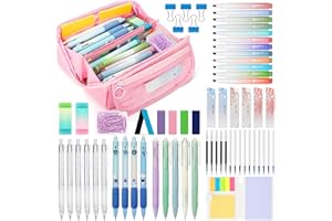 OPPZZIT 63 Piezas Material Escolar Estético con Estuche Grande, 12 Subrayadores Pastel, 5 Bolígrafos de Gel, 6 Portaminas, Set de Papelería Bonita para Niñas & Estudiantes (Rosa)