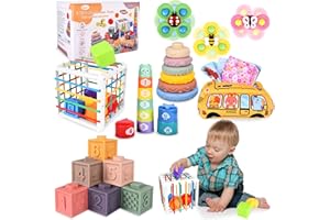 Herenear 6 w 1 zabawka Montessori dla niemowląt, zabawka dla niemowląt od 6 miesięcy, zabawka rozwijająca zdolności motoryczne, klocki do układania, pudełko na chusteczki, zabawka Montessori od 1 roku