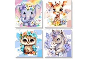 Pujeknm 4 Stück Tiere Malen Nach Zahlen ab 5 6 7 Jahre Mädchen mit Rahmen, Elefant Eule Giraffe Zebra Malen Nach Zahlen für Kinder Acrylfarben mit als Geschenk, Mittel 20x20 cm (Süßes Tiere)