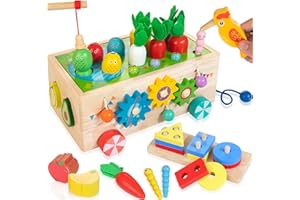 JUSTWOOD 8-in-1 Holz LKW Spielzeugset, Montessori Lernspielzeug Sortier- & Stapelspielzeug Formspiel Angelspiel Specht Fang Würmer Labyrinth Zahnräder Perlen, Geschenk für Kinder im Alter von 1 2 3 4