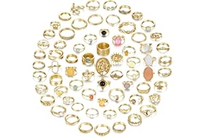 JeryWe 70 Pcs Vintage Crystal Ring Set Silver Knuckle Rings for Women,Bohemian Stackable Joint Rings, Retro Boho Stacking Joint Finger Rings Pack