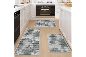 Famibay Kitchen Rug Sets 3 Piece Kitchen Mats Non Slip Washable Kitchen Runners Floor Mat Dark Grey Modern Abstract for Kitchen Laundry Room Hallway 50x120cm+50x80cm+50x80cm