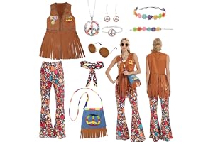Ulikey Hippie-kostym för kvinnor, 60-tals-damkläder, 70-talsväst, Hippie-byxor, Hippie-byxor, Hippie-glasögon och Hippie-till