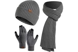 Joligiao Winter Beanie Hat Scarf Gloves Touch Screen Men Sets Soft Knitted Skull Cap Warmer Neck Thermal Gloves Outdoor Sports Unisex 3 Pieces
