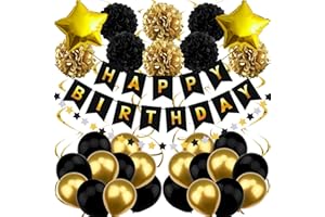 Recosis Geburtstagsdeko Schwarz Gold, Happy Birthday Banner mit Pompoms Papier Girlande Wimpel Spiral und Luftballon Kindergeburtstag für Mädchen Junge Mann Frauen Geburtstags Dekorationen