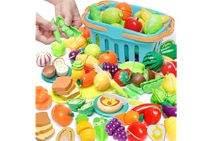 NUKDEY 75 szt. zabawka do krojenia jedzenia dla dzieci, kuchnia, udawanie owocek i warzyw, akcesoria z koszem, plastikowe mini naczynia i nóż, zabawka edukacyjna