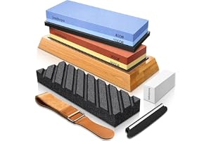 Intelitopia Complete Knife Sharpening Stone Set – Dual Grit Whetstone 400/1000 3000/8000 Knife Sharpener with Leather Strop, Flattening Stone, Bamboo Base, 3 Non-slip Rubber Bases & Angle Guide