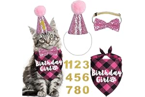 JOTFA Cat Birthday Party Supplies, Cat Birthday Outfits Cat Kitten Birthday Girl Bandanas with Cat Birthday Hat Crown Cat Bow Tie Birthday Number for Cat Kitten Birthday Decorations (Pink)