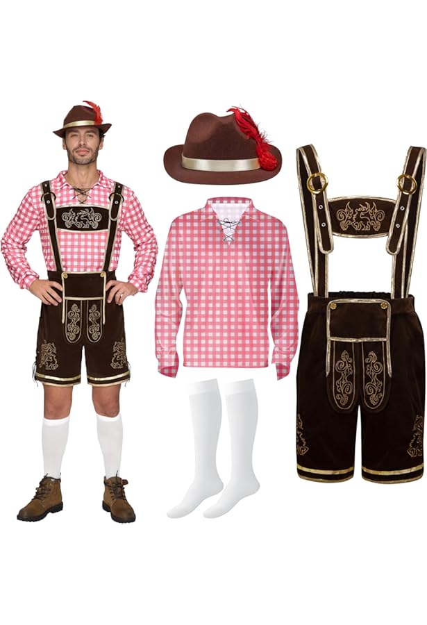 Costume Bavarois Homme Lederhosen - Short Tyrolien + Chemise + Chapeau - Pour Oktoberfest, Halloween, Carnaval - Tailles M à XXL