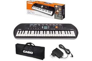 CASIO-KIT Casio SA-77 - Mini Tastiera polifonica 8 Voci e 44 tasti, Nera/Grigio + Bag Trasporto Originale Casio, Nero + Alimentatore Casio AD-E95100LG, Nero