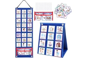 Achort Daily Routine Chart Visual Schedule for Kids, 2 in 1 Daily Visual Planner Chore Chart with 70 Pcs Routine Cards Behavioral Tool Wall Planner Table Top Pocket Chart for Home School