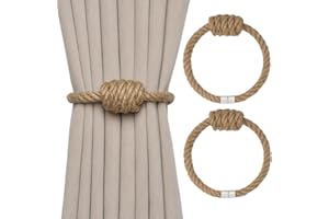 Pretty Jolly 2 Pack Natural Jute Rope Magnetic Curtain Tiebacks Boho Style Drape Tie Backs Elegant Hand Weave Rope Knot Decorative Curtain Holdbacks for Home & Office Window Drapery (Jute)