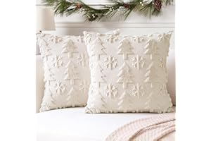 Artscope 2er Set Wolle Kissenbezüge Weicher Plüsch Kurzer Wollsamt Dekokissenbezuge Sofakissen Europäische Kissenhülle für Sofa Schlafzimmer Weihnachtsbaum und Schneeflocke Beige, 50x50cm