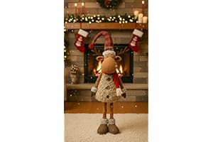 KAMACA XL Weihnachts-Elch Dekofigur mit ausziehbaren Teleskop-Beinen Stofffigur mit Fell, Schal & Mütze stehende Weihnachtsdeko für Treppe Wohnzimmer Eingang Geschenk (XL Teleskop Elch 98 cm)