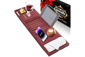 SereneLife Badewannenbrett Bambus – Ausziehbares Tablett mit Halterung Badewannenablage mit rutschfesten Silikon-Griffen Wellness Zubehör und Wellness Tablett für Bücher Wein Snacks