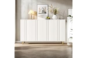 Wyibwy Moderno Credenza Cucina con 4 ante 2 ripiani,buffet semplice con design unico della porta, mobile per sala da pranzo con robusti piedini in metallo,Credenza Soggiorno,140x40x85.9cm,Bianco
