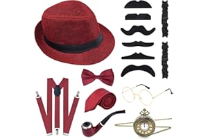 ELECLAND 10 Pièces 1920s Hommes Costume Accessoires Ensemble, Chapeau, Noeud Papillon, Montre De Poche, Jarretelles, Lunettes, Barbe, Brassard Jarretières, Montre De Poche