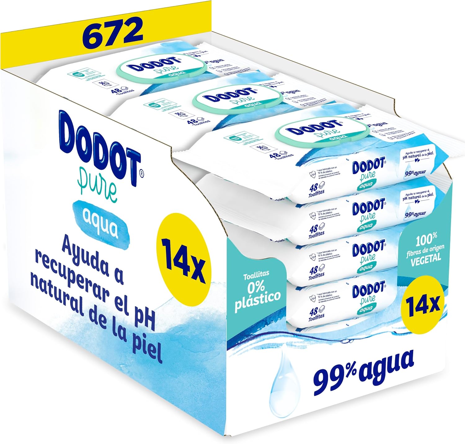 Dodot Toallitas Pure Aqua Para Bebé, 672 Toallitas (14 Pack De 48 Unidades), Ayuda A Restaurar El PH Natural De La Piel, 99% Agua, Sin plástico