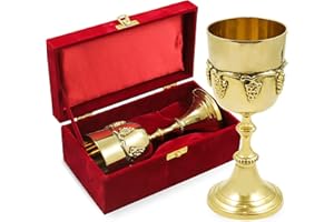 CARFAR Verre à calice en laiton avec détails complexes de raisin et boîte en velours rouge doré pour communion, messe religieuse, eucharistie chrétienne, rituels sacrés