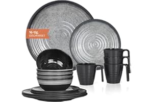 MORITZ Vaisselle de camping en mélamine pour 4 personnes Gris pierre + 4 tasses à café en pierre