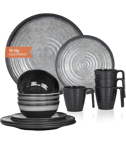 Melamin Geschirr Set Jesolo Grau 16-teilig Mit Edelstahl Tassen   Campinggeschirr Steingutoptik Splmaschinengeeignet Camping Geschirr 4  Personen